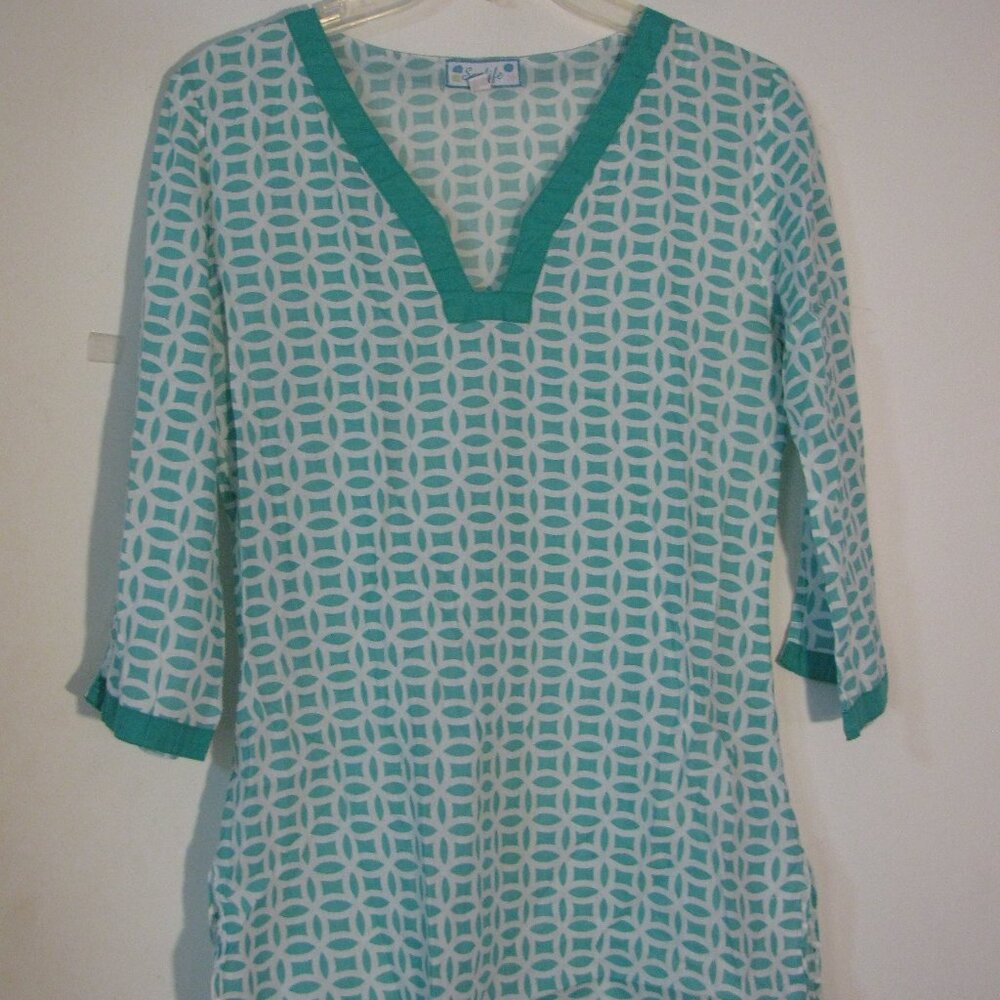 Sealife Blouse Small Green White 3/4 Sleeves Lightweight